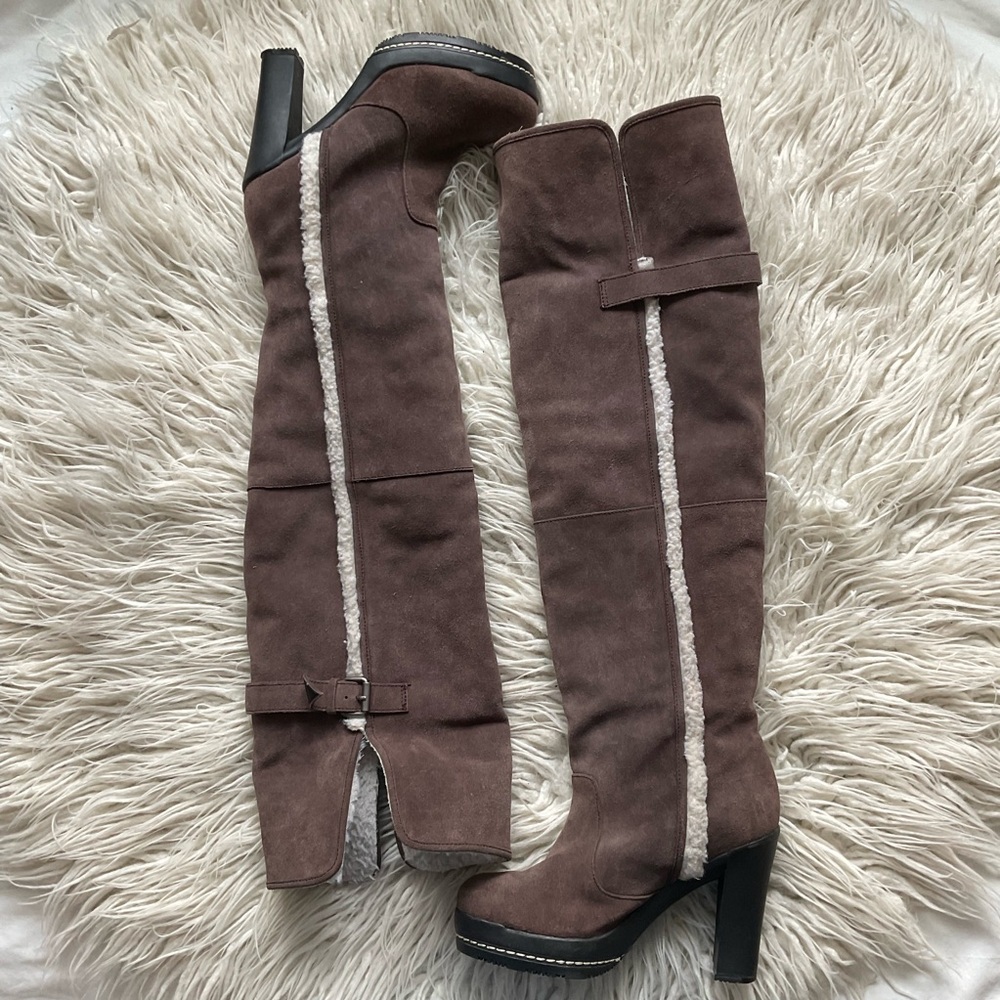 Kelsi Dagger Rozelle Brown Leather Shearling Over the Knee Heeled Boots EUC 6.5